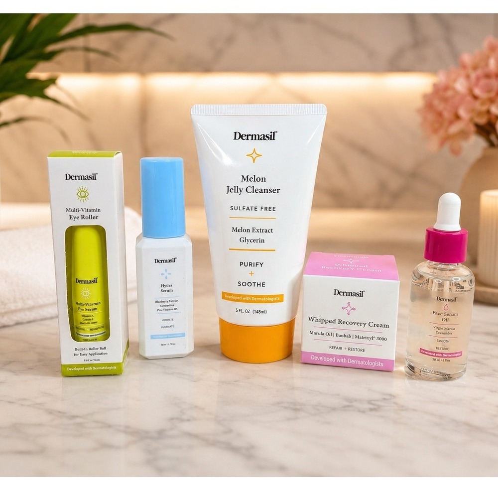 5PC Dermasil Skincare Lot - Melon Jelly Cleanser Hydra Serum Eye Roller Face Oil